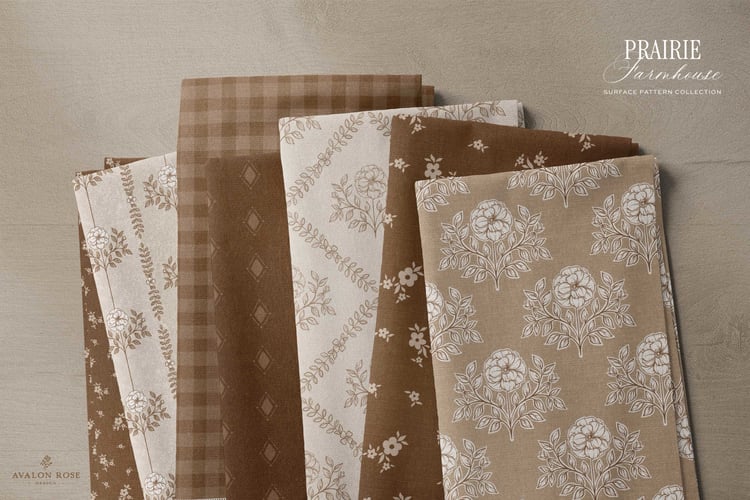 Prairie Farmhouse Surface Pattern Collection featuring brown and beige hand drawn floral designs