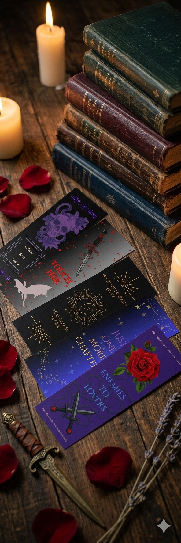 Five Romantasy bookmarks with gold edges on a rustic wood table next to vintage books and rose petals.