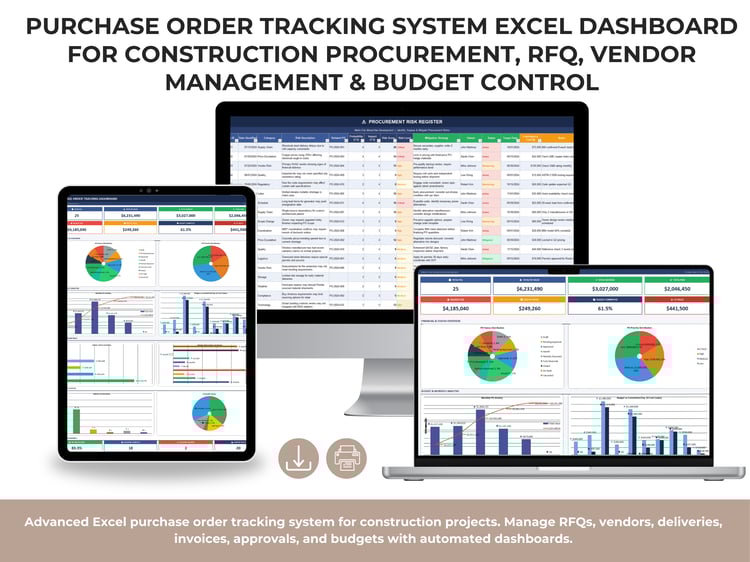 Construction Purchase Order Tracking Dashboard Excel showing procurement KPIs, PO value summary, budget commitment, delivery performance, and vendor metrics.