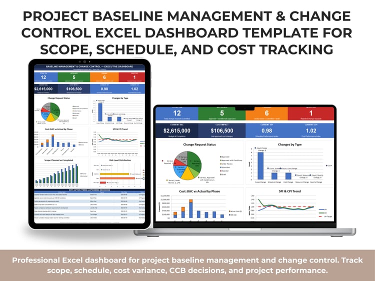 Project Baseline Management and Change Control Excel Dashboard showing KPIs, cost vs actual charts, SPI and CPI trends, scope progress, and risk distribution