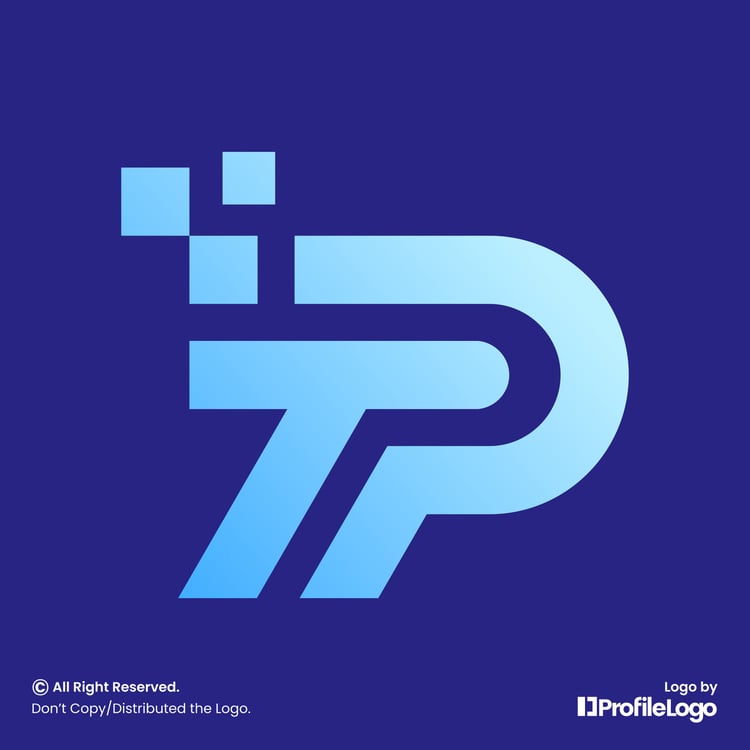Digital pixel letter TP logo or PT logo by ProfileLogo with navy blue background
