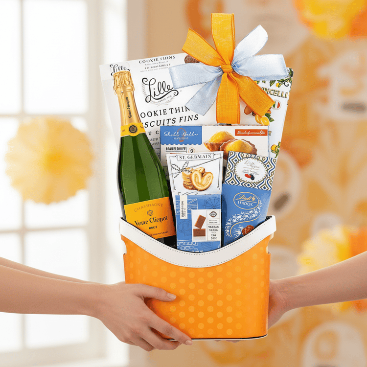 Gift basket with champagne and snacks held by two hands against a blurred background