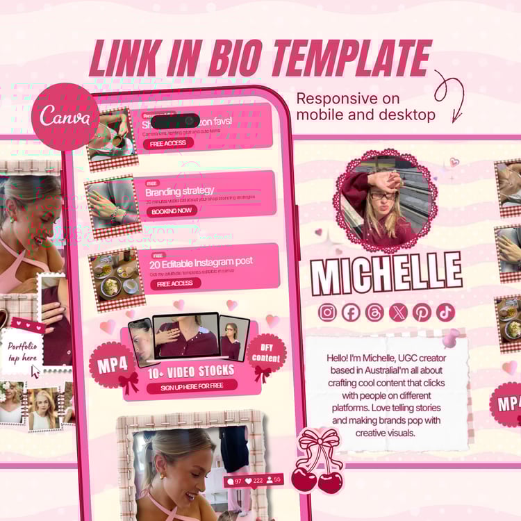 link in bio template responsive on mobile and desktop, editable UGC creator canva template