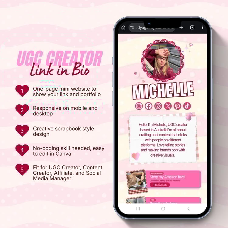 link in bio template responsive on mobile and desktop, pink editable UGC creator canva template