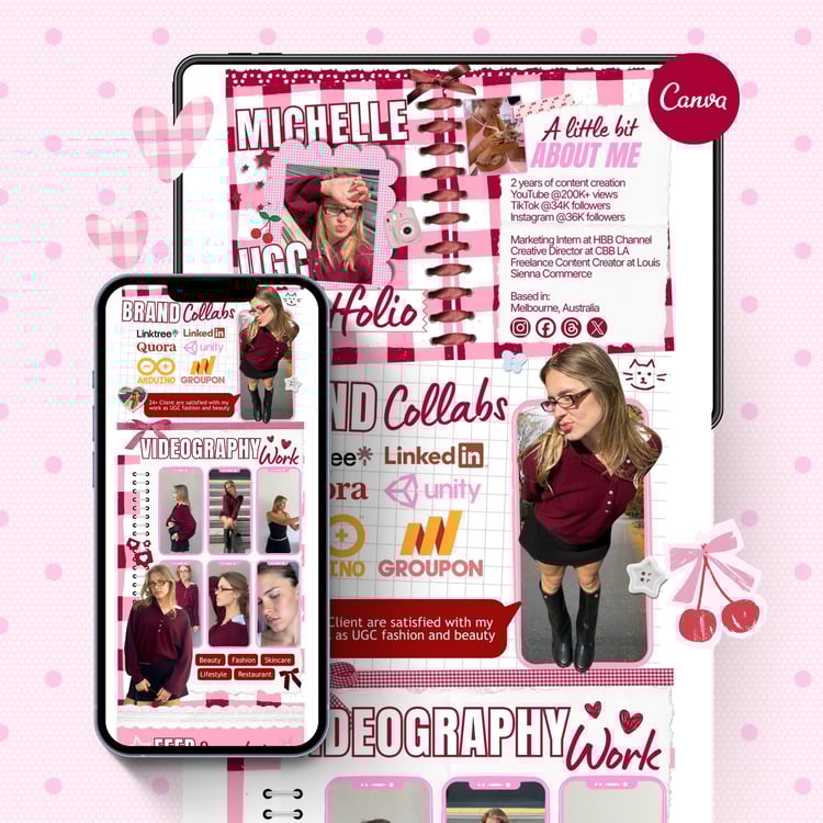 UGC Portfolio Website Cherry Pink Canva Template Responsive on mobile and desktop
