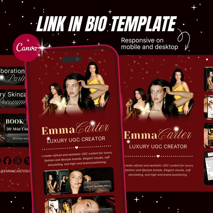 Dark Luxury Red Link in Bio Canva UGC Template. The deep red and dark luxury design creates a strong, confident look while keeping all your important links in one beautiful page. Fully editable in Canva and easy to customize