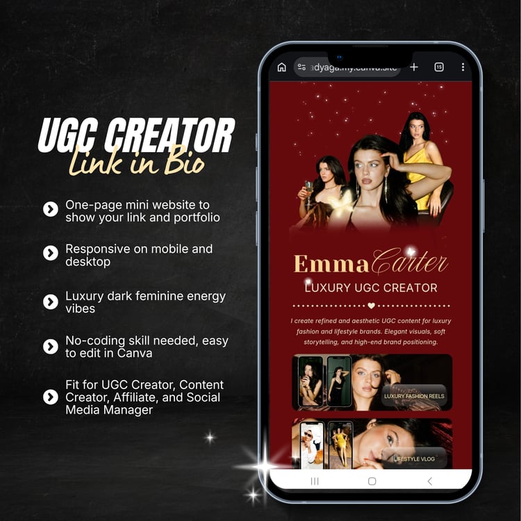 Dark Luxury Red Link in Bio Canva UGC Template. The deep red and dark luxury design creates a strong, confident look while keeping all your important links in one beautiful page. Fully editable in Canva and easy to customize