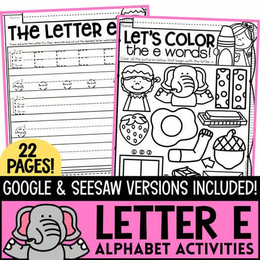 Letter E Worksheets Alphabet Lower and Upper Case | Tracing, Beginning Sounds