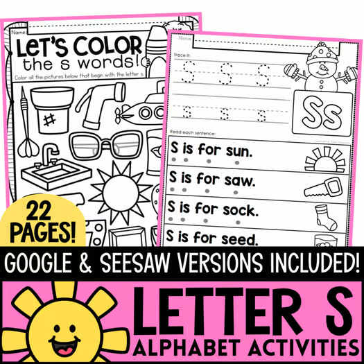 Letter S Worksheets Alphabet Lower and Upper Case | Tracing, Beginning Sounds