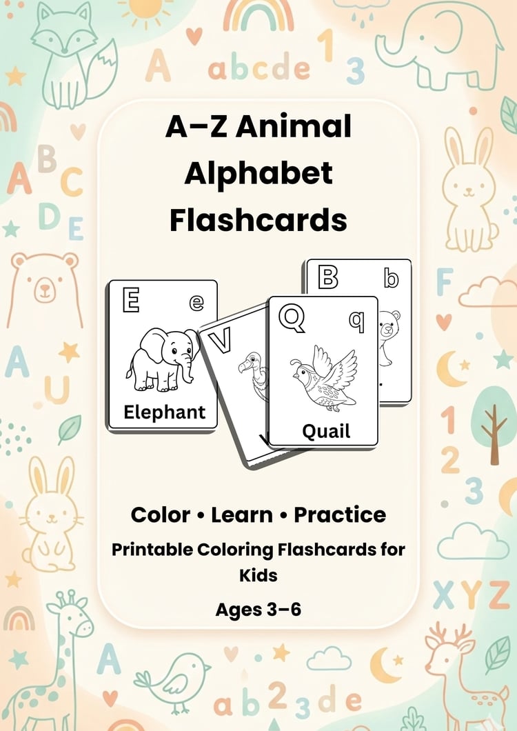 A–Z animal alphabet flashcards printable cover showing animal coloring flashcards for preschool kids learning letters and animals.