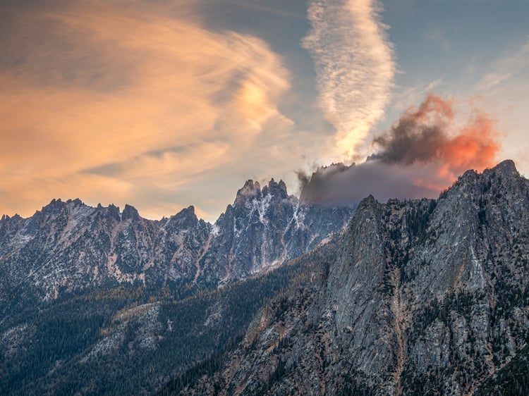 Silver Star Mountain, Washington Pass, mountains, dramatic clouds, sunrise