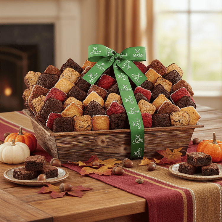 Wooden basket of assorted brownies with a green ribbon on a festive table setting.