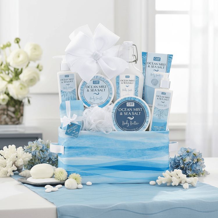 Gift basket with Ocean Mist & Sea Salt products on a decorative table with flowers.