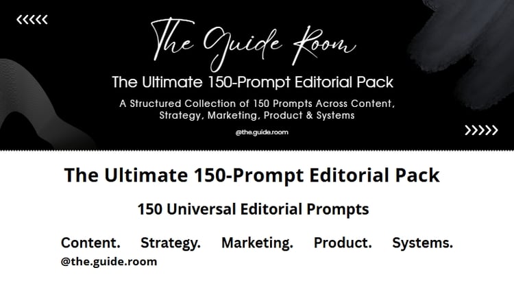 Minimalist editorial cover of " The Ulitimat 150-Prompt Editorial Pack " by The Guide Room, featuring clean tipography and structured layot.