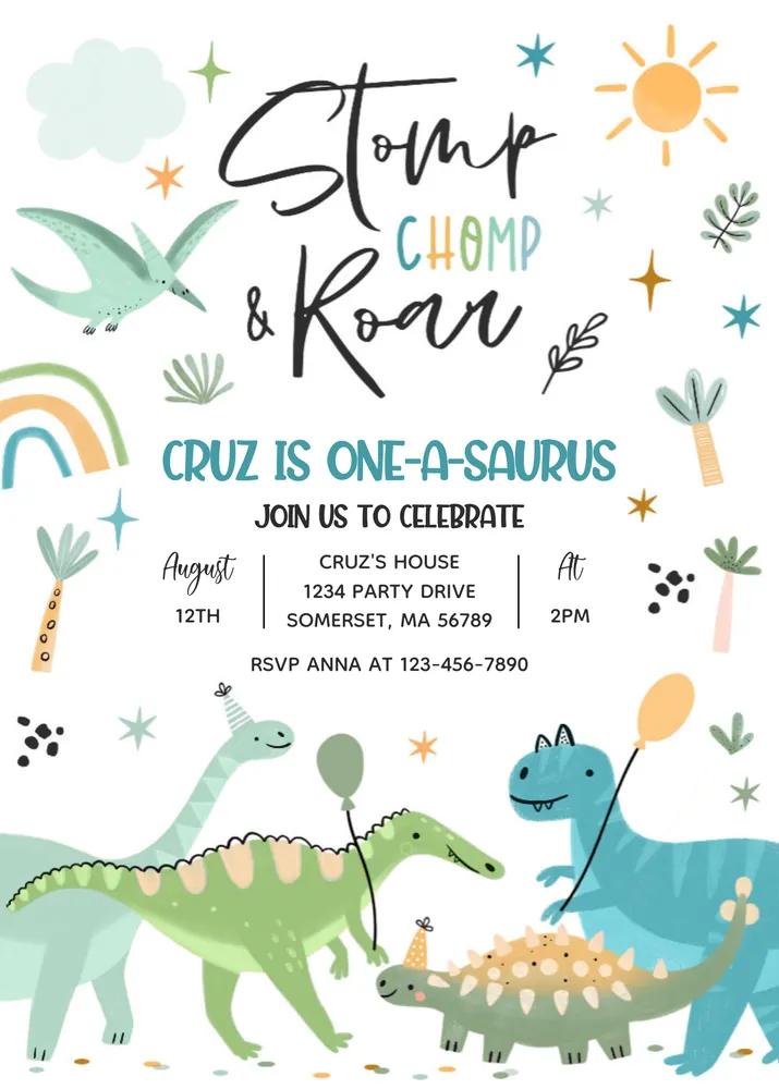 Dinosaur One-A-Saurus 1st Birthday Invitation | Editable Canva Template
