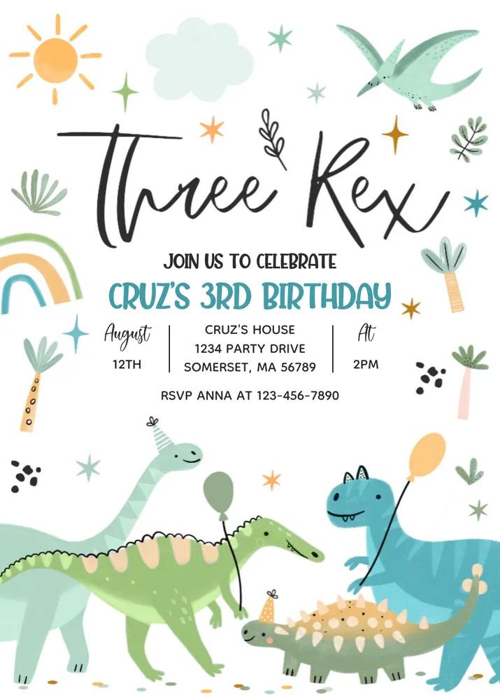 Dinosaur Three Rex 3rd Birthday Invitation - Editable Canva Template