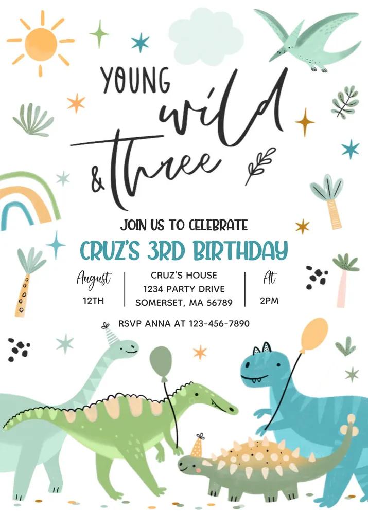 Dinosaur Young Wild and Three 3rd Birthday Invitation Canva Template