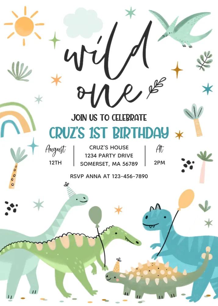 Dinosaur Wild One 1st Birthday Invitation | Editable Canva T-Rex Template