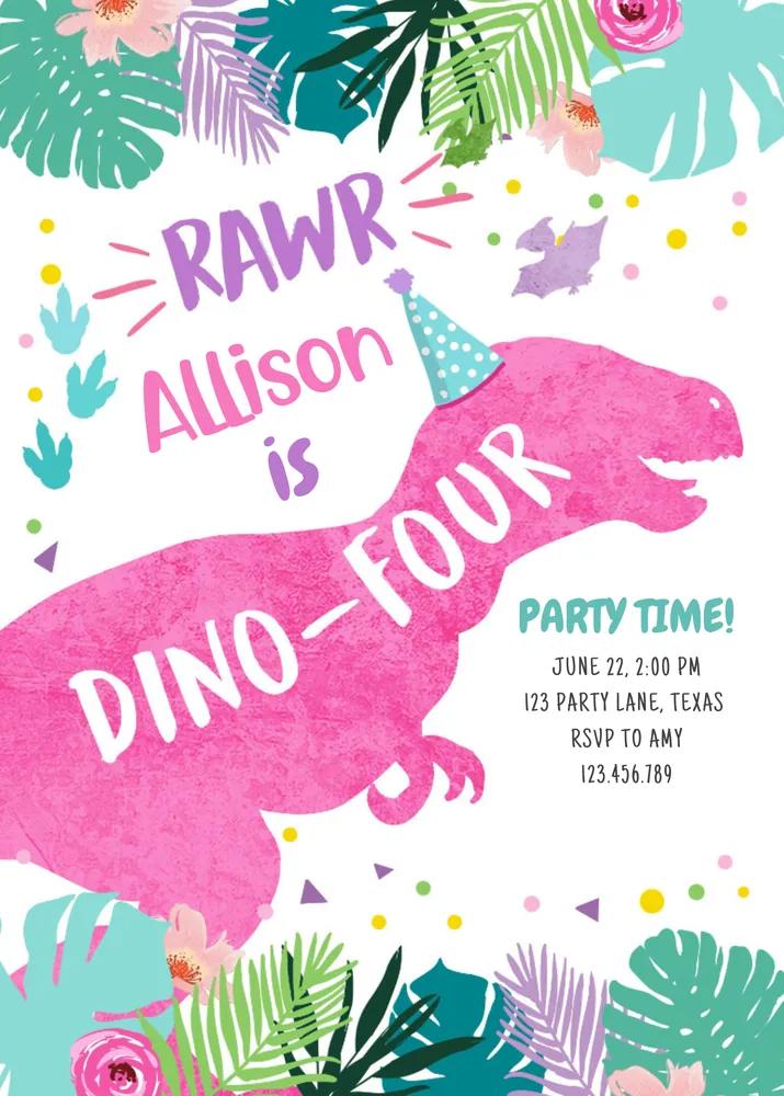 Dino-Four Pink Dinosaur 4th Birthday Invitation Canva Template Girl