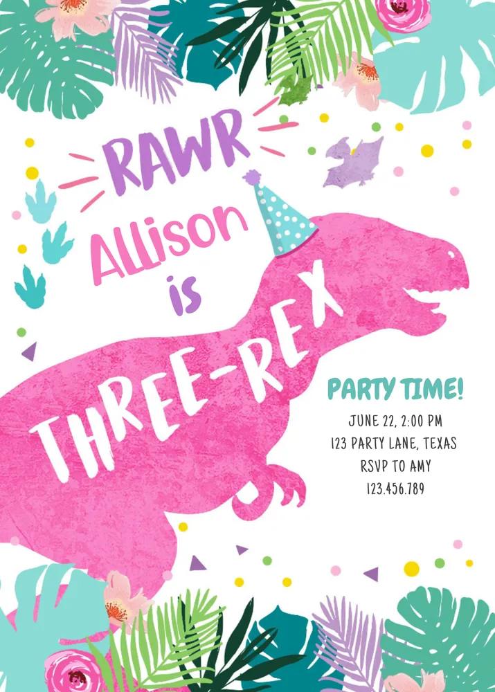 Editable Three-Rex Girl 3rd Birthday Invitation Pink Dinosaur Canva Template