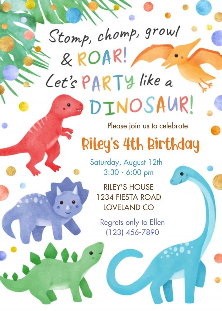 Dinosaur Birthday Invitation Template - Editable Canva Cute Dino Invite E76B