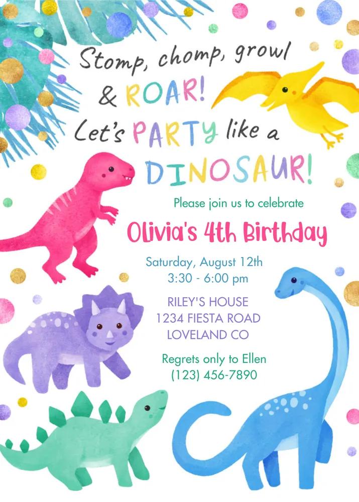 Editable Dinosaur Girl Birthday Invitation | Cute Pink Dino Canva Template