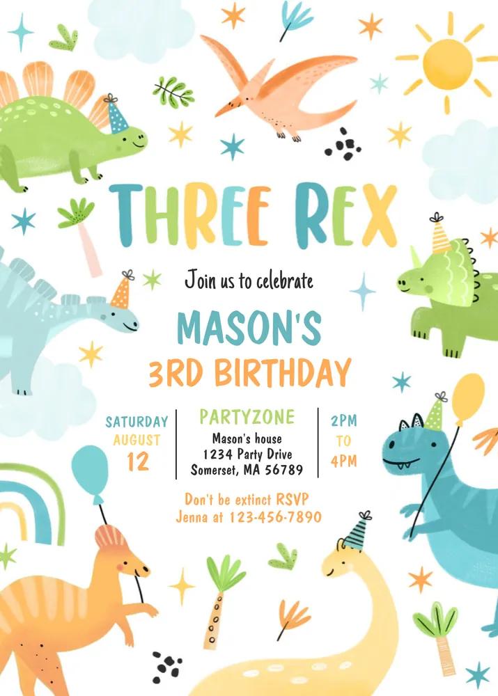 Dinosaur Three Rex 3rd Birthday Invitation Canva Template - Editable Boy Invite