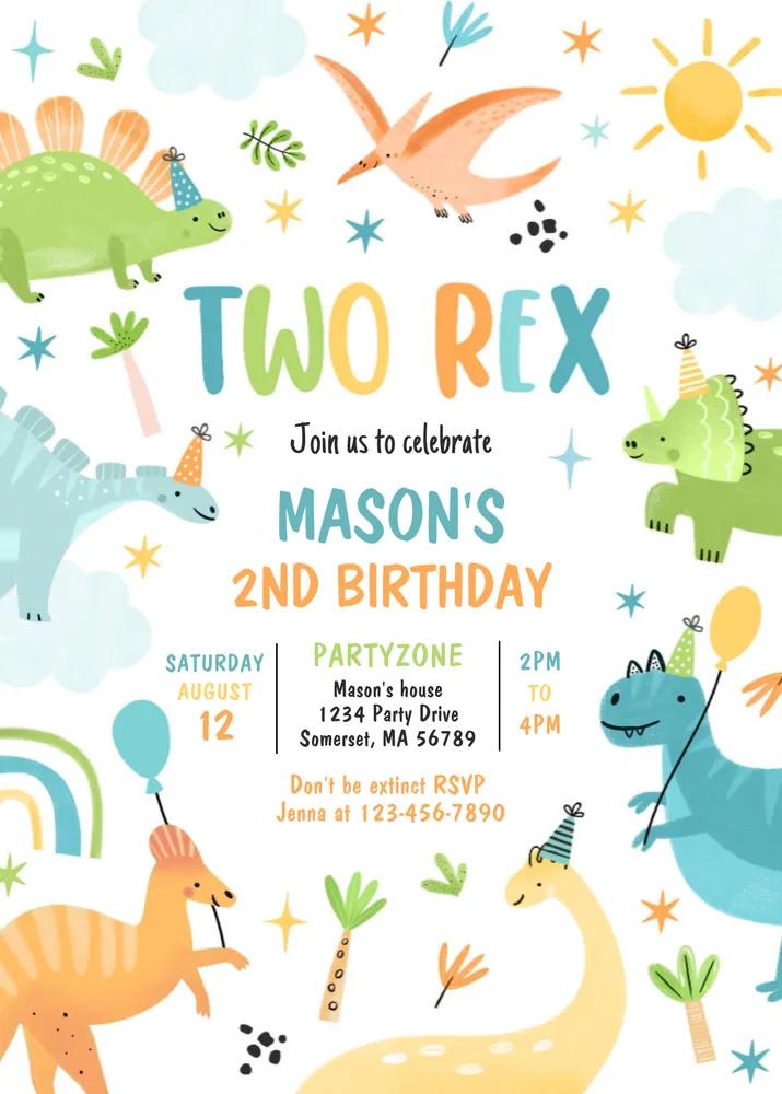 Dinosaur Two Rex 2nd Birthday Invitation, Editable Canva Template