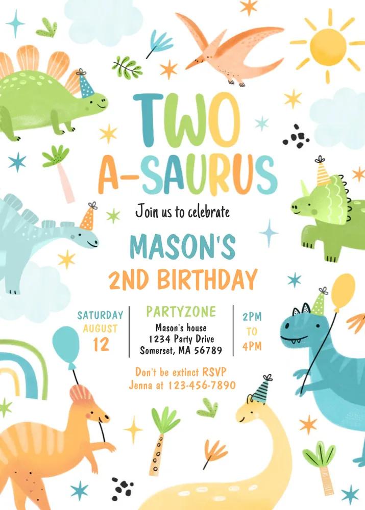 Dinosaur 2nd Birthday Invitation Canva Template | Two-A-Saurus Editable Invite