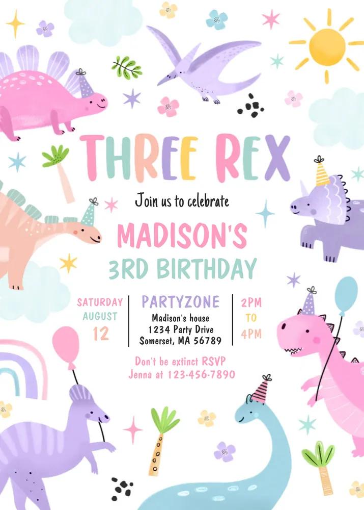 Dinosaur Three Rex 3rd Birthday Invitation Canva Template | Instant Download