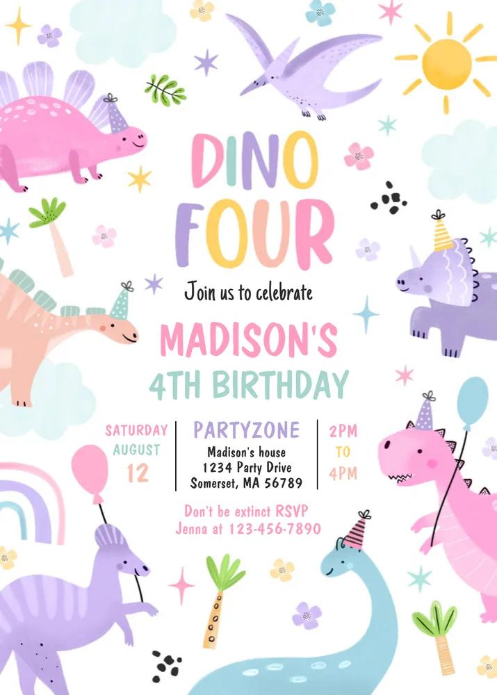 Dinosaur 4th Birthday Invitation | Pink T-Rex Girl Canva Template