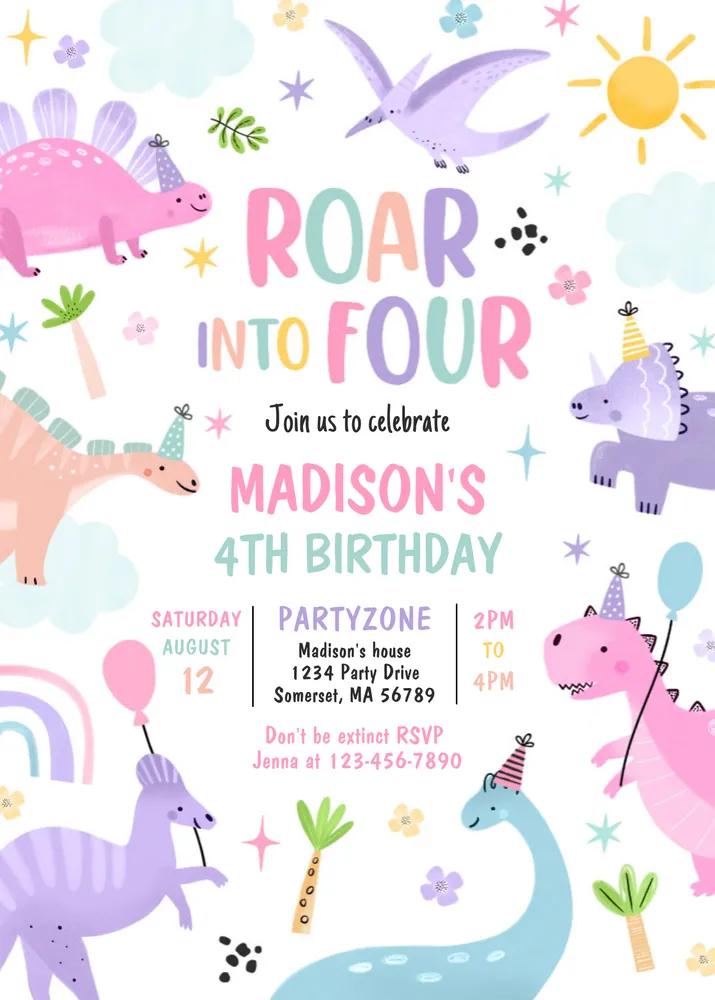 Roar Into Four Pink Dinosaur 4th Birthday Invitation Canva Template