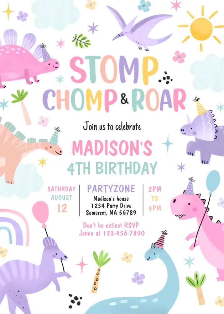 Dinosaur Stomp Chomp Roar T-Rex Birthday Invitation Canva Template