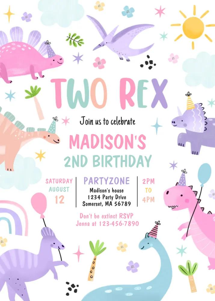 Dinosaur Two Rex 2nd Birthday Invitation | Editable Canva Template