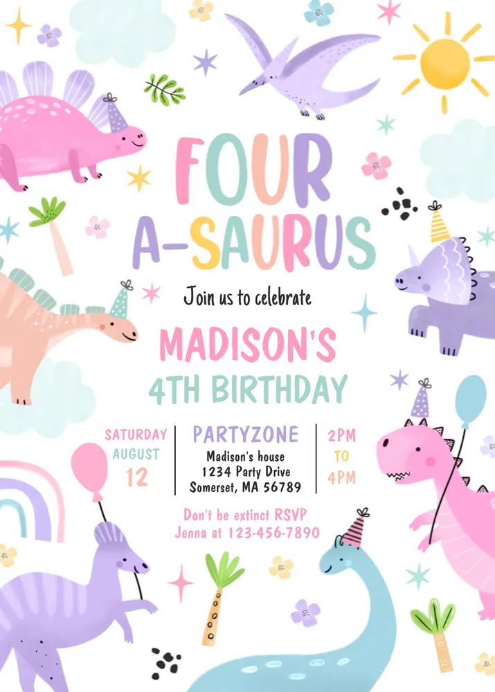 Dinosaur 4th Birthday Invitation Template | Four-A-Saurus Canva Invite