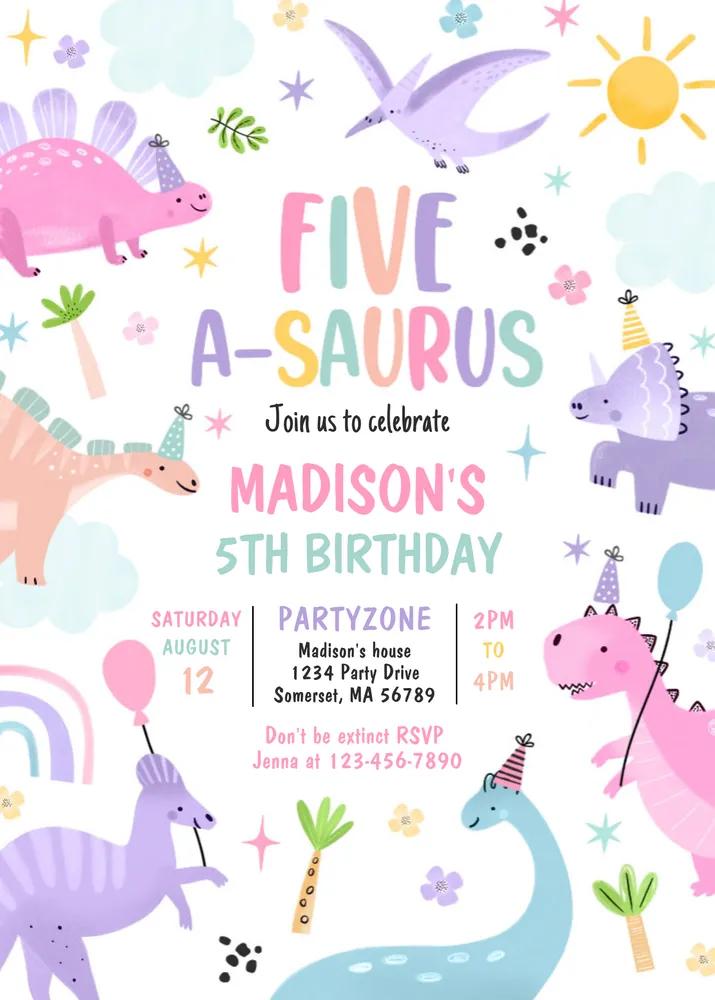 Dinosaur 5th Birthday Invitation Canva Template | Five-A-Saurus Party