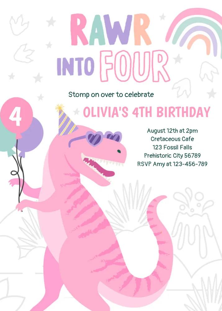 Roar Into Four T-Rex Dinosaur 4th Birthday Invitation Canva Template