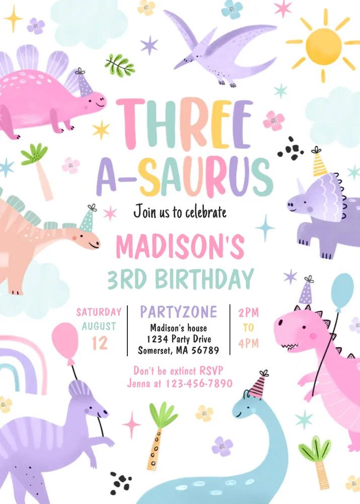 Dinosaur Three-A-Saurus 3rd Birthday Invitation Canva Template