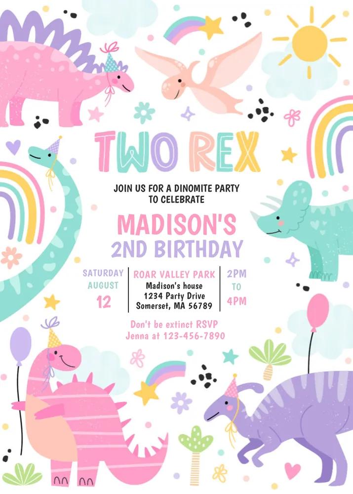 Dinosaur Two Rex 2nd Birthday Invitation | Editable Canva Template