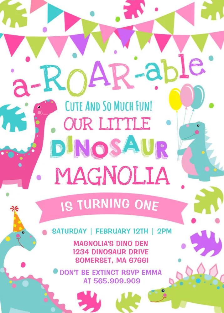 Editable Girl Dinosaur Birthday Invitation Template - Pink Dino Party Invite