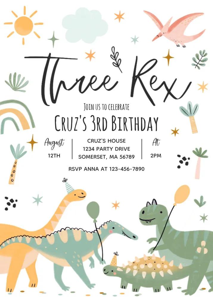 Dinosaur Three Rex 3rd Birthday Invitation - Editable Canva Template