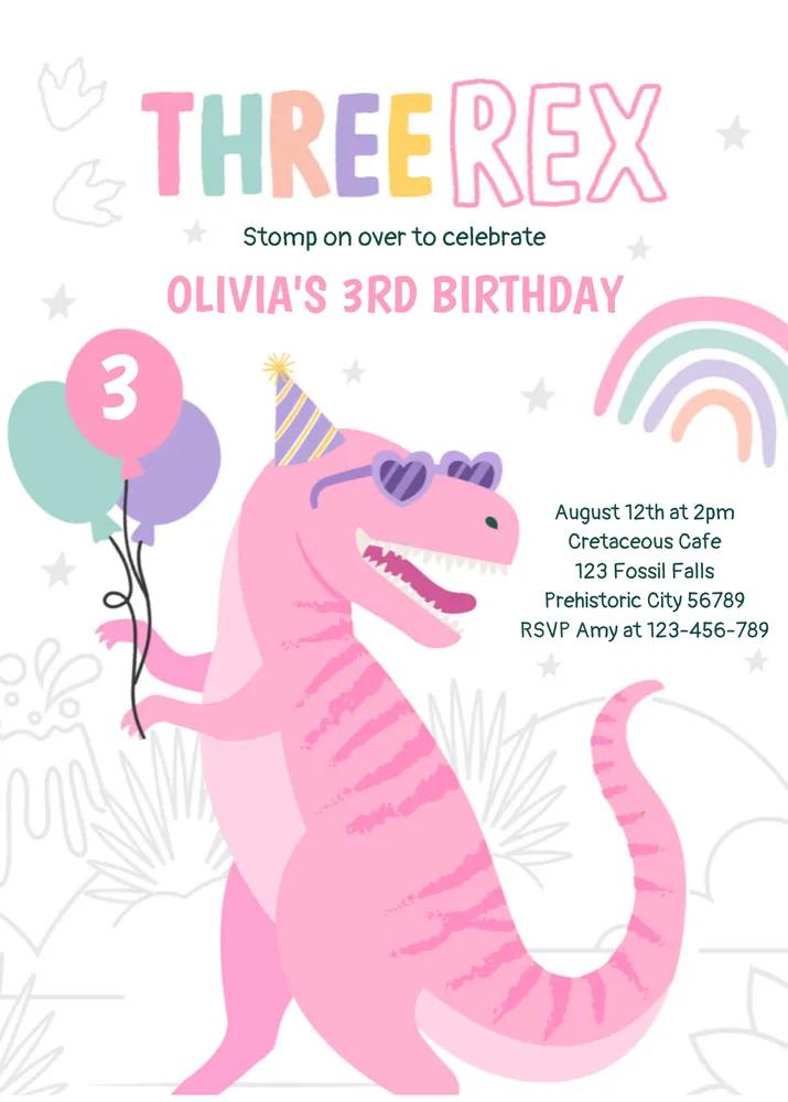 Pink Three Rex Dinosaur 3rd Birthday Invitation Canva Template Girl