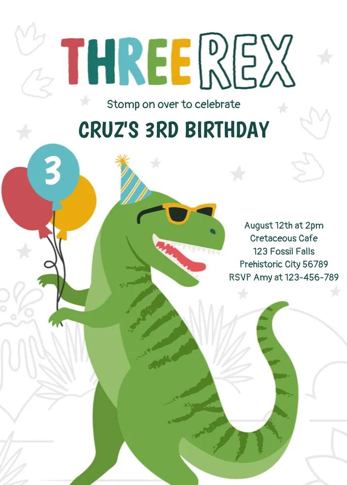 Editable Dinosaur Three Rex 3rd Birthday Invitation Canva Template