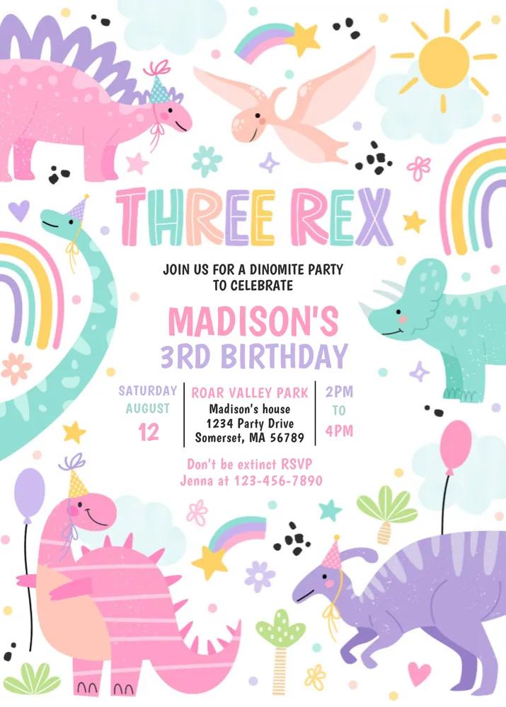 Dinosaur Three Rex 3rd Birthday Invitation Canva Template - Editable Invite