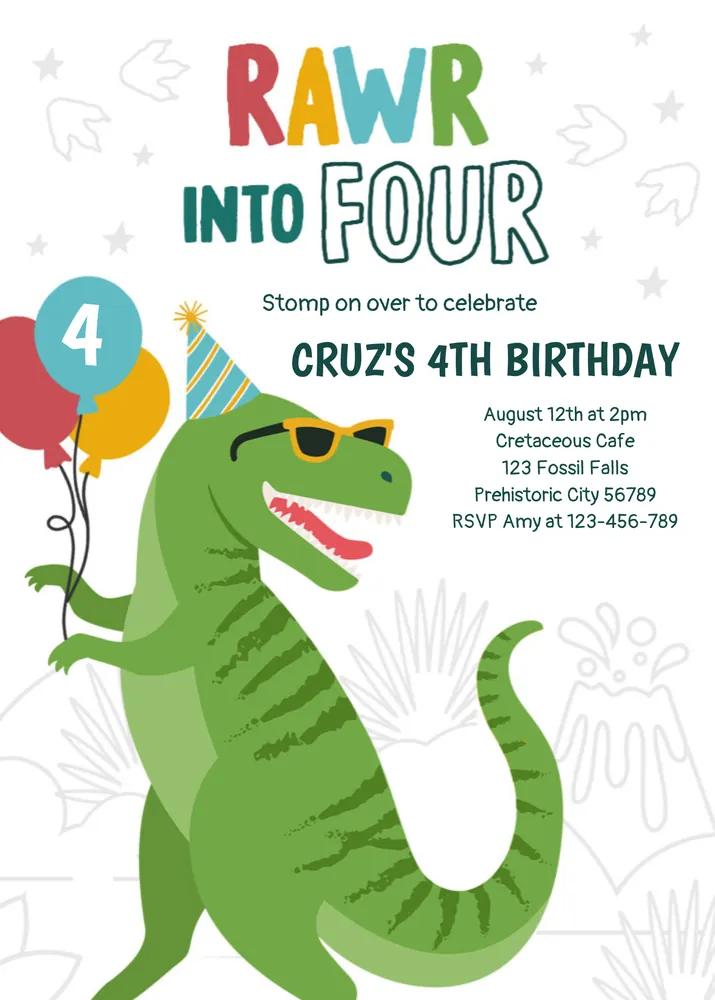Roar Into Four T-Rex Dinosaur 4th Birthday Invitation Canva Template