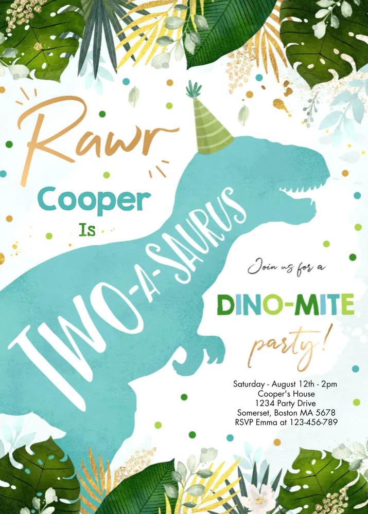 Dinosaur Two-A-Saurus 2nd Birthday Invitation Canva Template