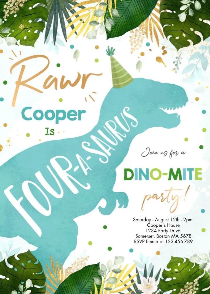 Dinosaur Four-A-Saurus 4th Birthday Invitation Canva Template - Edit & Print