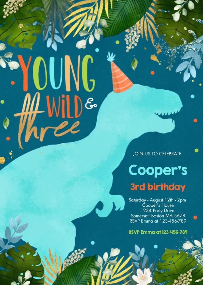 Editable Dinosaur Young Wild and Three Birthday Invitation Canva Template