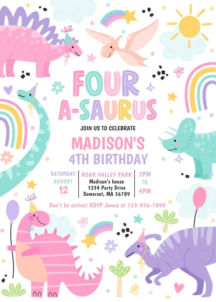 Dinosaur Four-A-Saurus 4th Birthday Invitation Canva Template