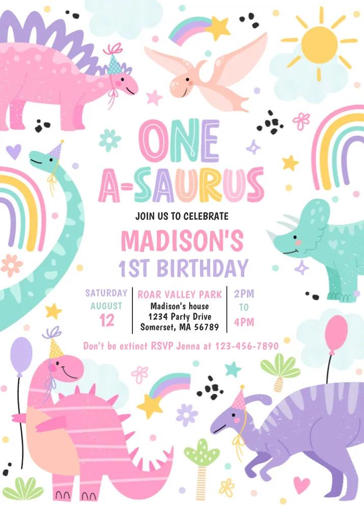 Dinosaur One-A-Saurus 1st Birthday Invitation | Editable Canva Template